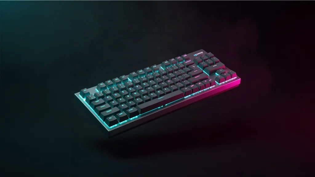 Nexus Peripherals storefront: a mechanical keyboard lit in cyan against a dark studio backdrop.